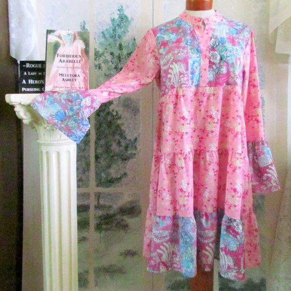 MATERNITY DRESS, M, NWT, BOHO PINK & BLUE FLORAL TIERED COMFORTABLE MIDI - Picture 1 of 8